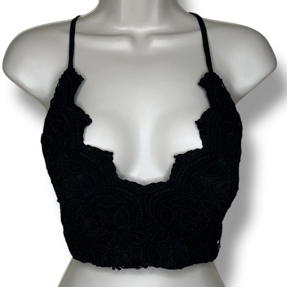L'Atiste by Amy Black Crochet Lace Tie Back Halter Top Women Large Festival Boho